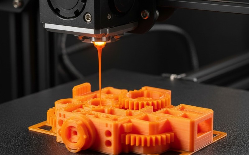 FDM 3D printer building a plastic part