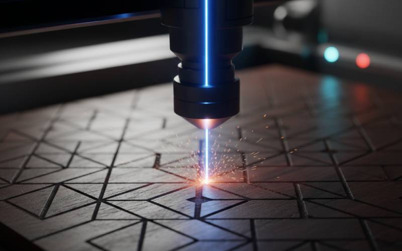 Feixe laser preciso que corta um padrão geométrico