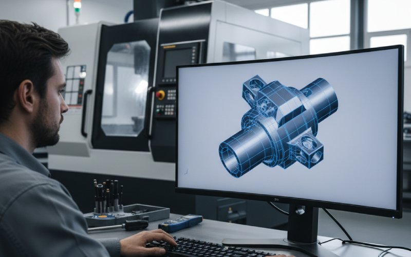 Programmør, der designer en 3D-model til en CNC-maskine