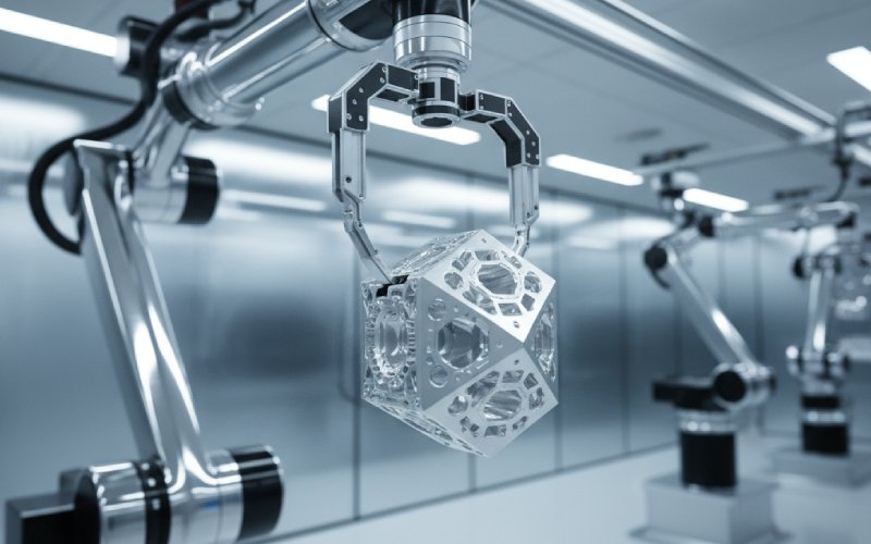 완성된 금속 부품을 들고 있는 로봇 팔