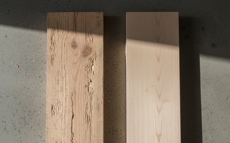 Tavole di legno grezzo e liscio a confronto