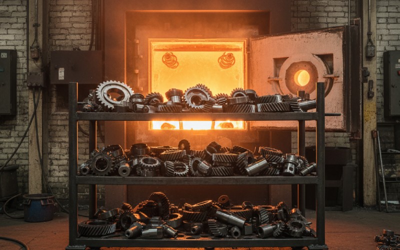 Steel parts entering a heat treatment furnace