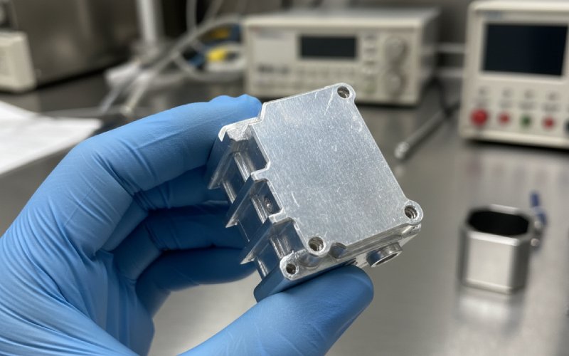 Technician inspecting coated electronic part