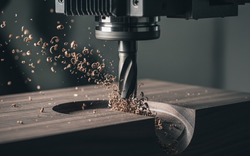 Primo piano di una fresa CNC che intaglia il legno