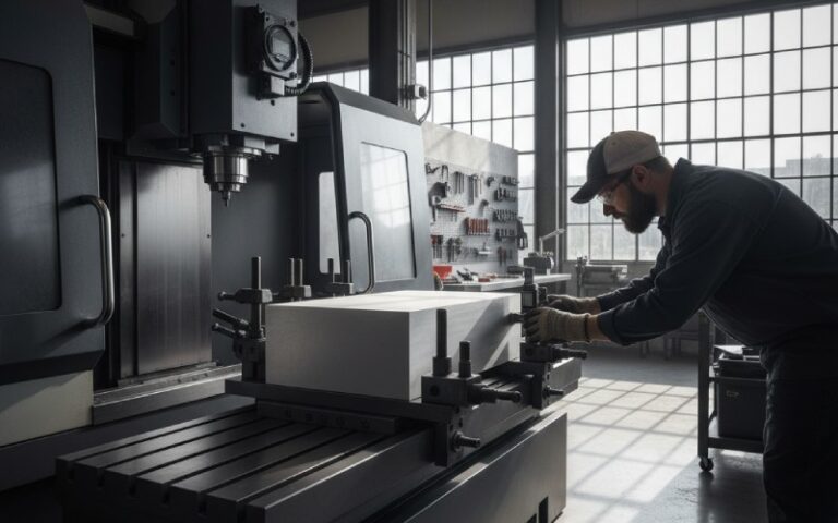 Operatore che misura il materiale su una macchina CNC