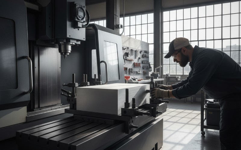 Operatore che misura il materiale su una macchina CNC