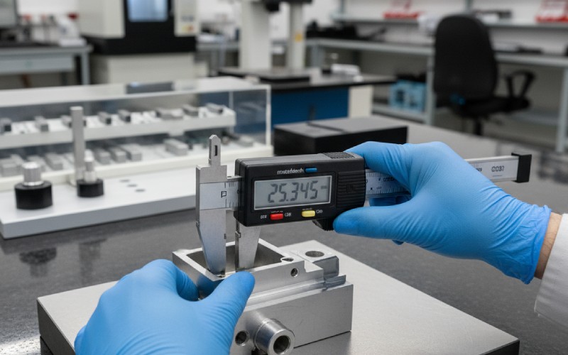 Tecnico che misura un pezzo lavorato con un micrometro