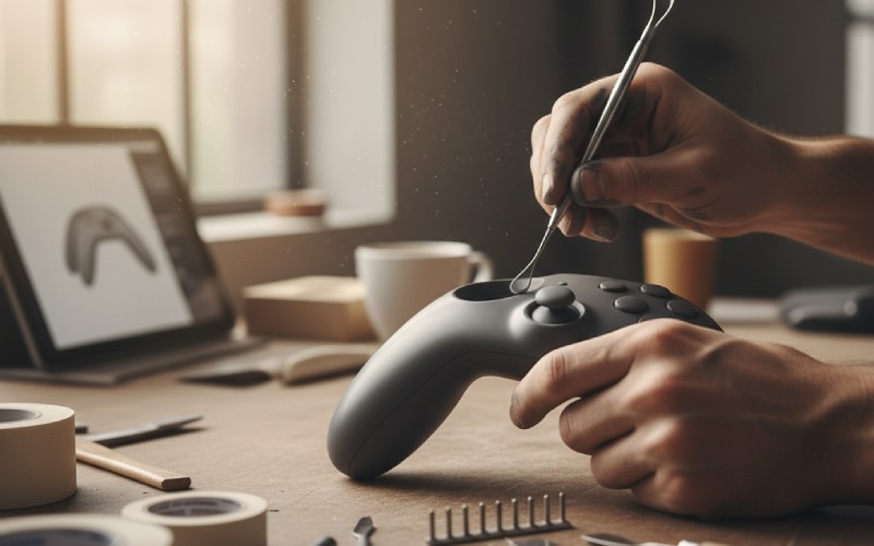 Designer's hands sculpting a clay product prototype