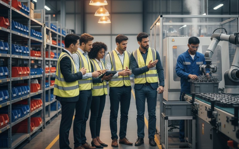 Team observing factory workflow