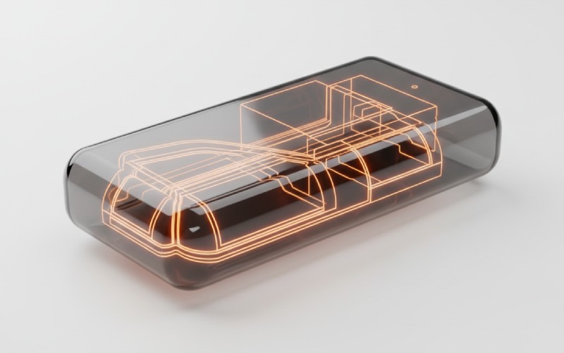 Translucent device showing its internal structural skeleton