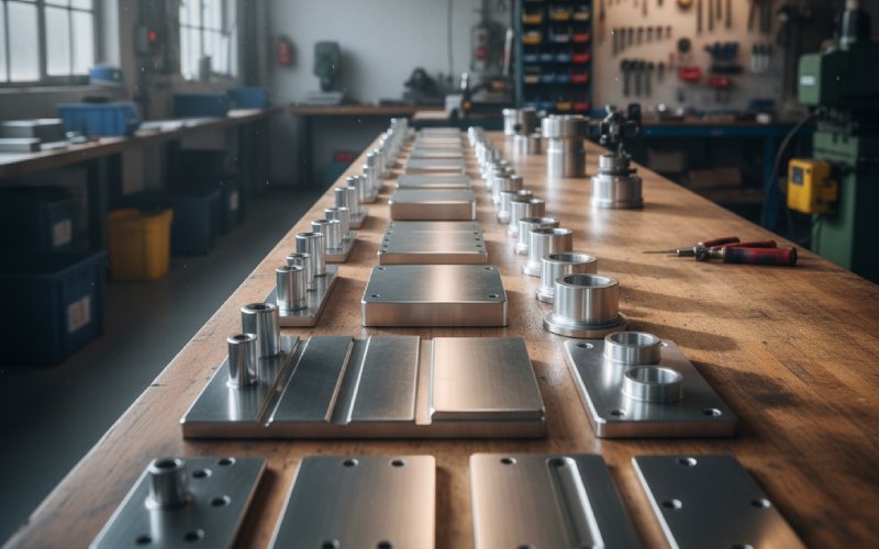 Aluminum parts on a workshop bench