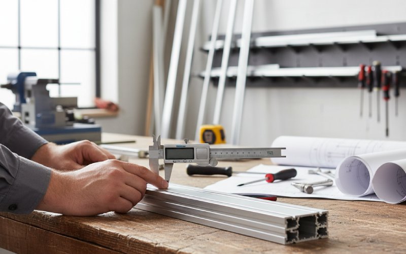 Engineer measuring aluminum profile