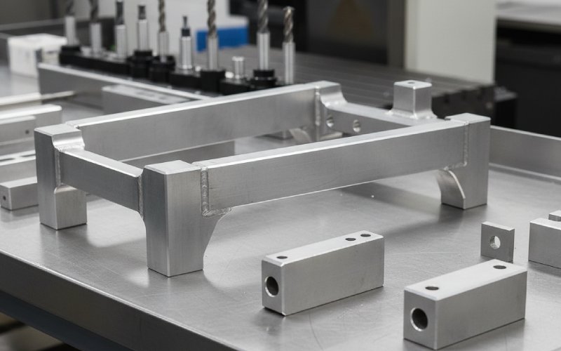 machined aluminum parts on bench