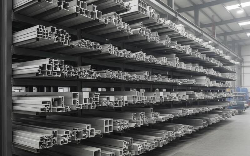 stacked aluminum extrusions in factory