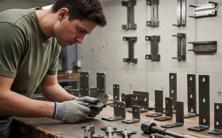Engineer reviewing steel mounting brackets