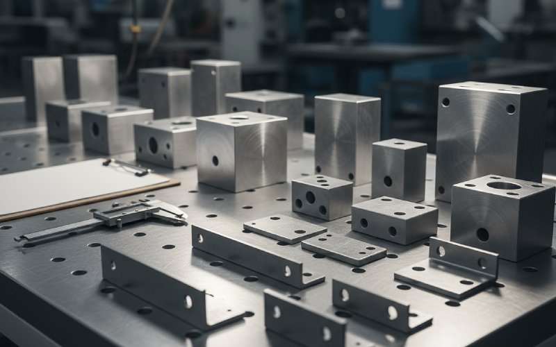 Machined and sheet metal parts on inspection table