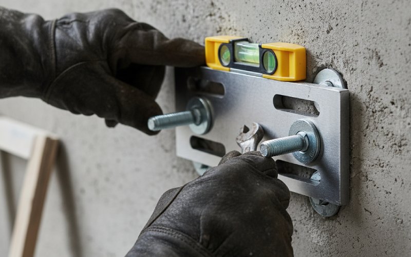 Worker bolting bracket to concrete wall